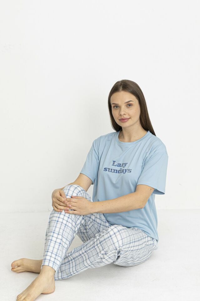 Estiva Kadın Kareli Alt Desenli Mavi Penye Lycra Kısa Kollu Pijama Takımı