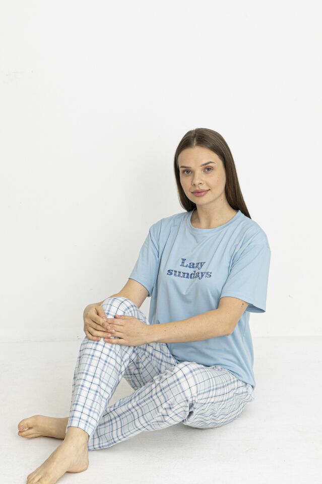 Estiva Kadın Kareli Alt Desenli Mavi Penye Lycra Kısa Kollu Pijama Takımı
