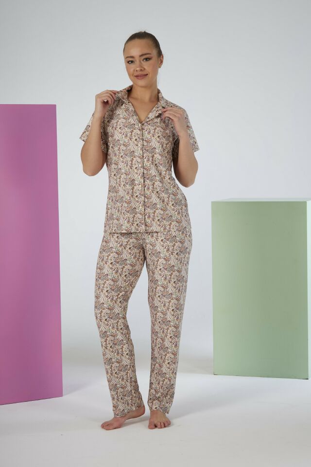 Kadın Yazlık Desenli Önden Düğmeli Kısa Kollu Marla Pijama Takımı - Pembe