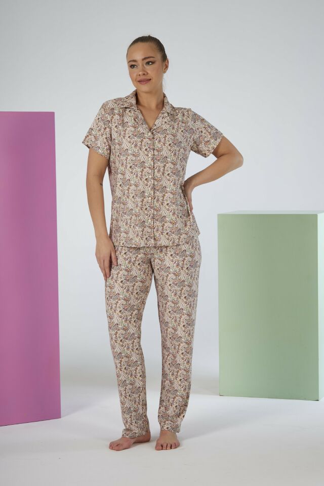 Kadın Yazlık Desenli Önden Düğmeli Kısa Kollu Marla Pijama Takımı - Pembe