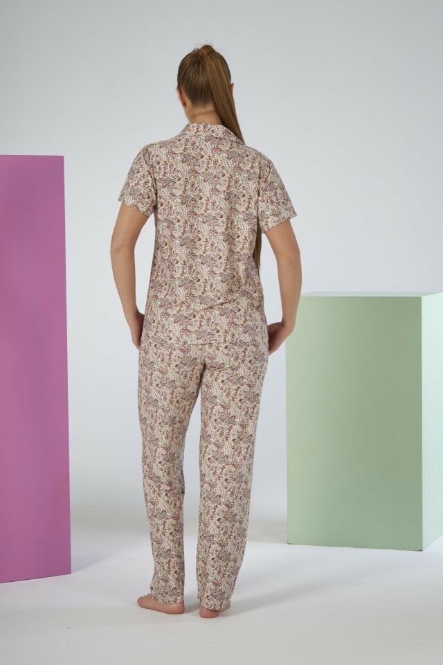 Kadın Yazlık Desenli Önden Düğmeli Kısa Kollu Marla Pijama Takımı - Pembe