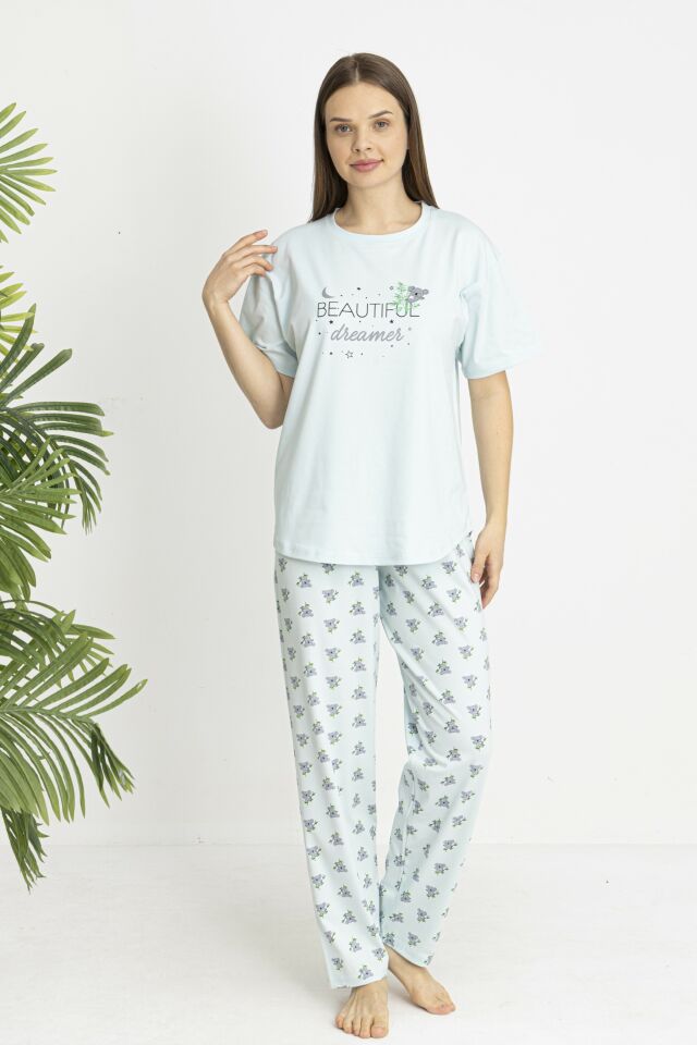 Estiva Kadın Koala Alt Desenli Yeşil Penye Lycra Kısa Kollu Pijama Takımı