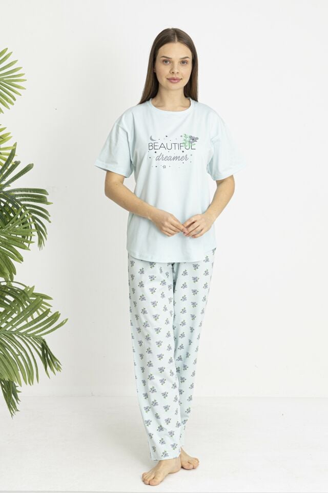 Estiva Kadın Koala Alt Desenli Yeşil Penye Lycra Kısa Kollu Pijama Takımı