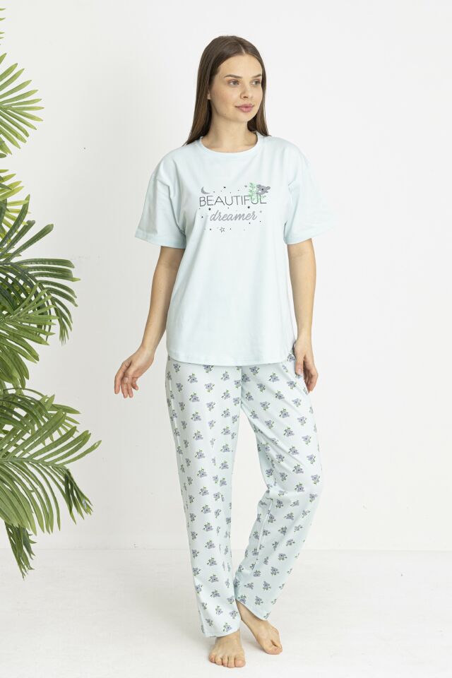 Estiva Kadın Koala Alt Desenli Yeşil Penye Lycra Kısa Kollu Pijama Takımı