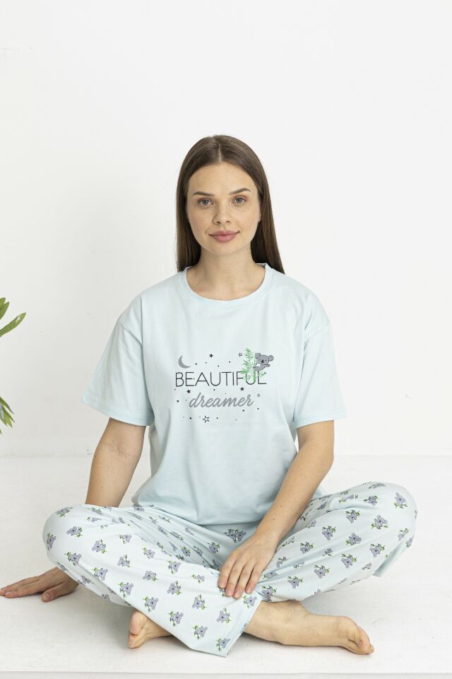 Estiva Kadın Koala Alt Desenli Yeşil Penye Lycra Kısa Kollu Pijama Takımı