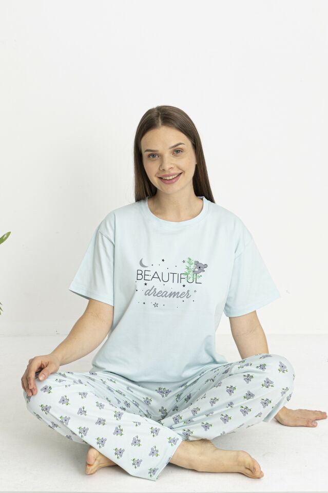 Estiva Kadın Koala Alt Desenli Yeşil Penye Lycra Kısa Kollu Pijama Takımı