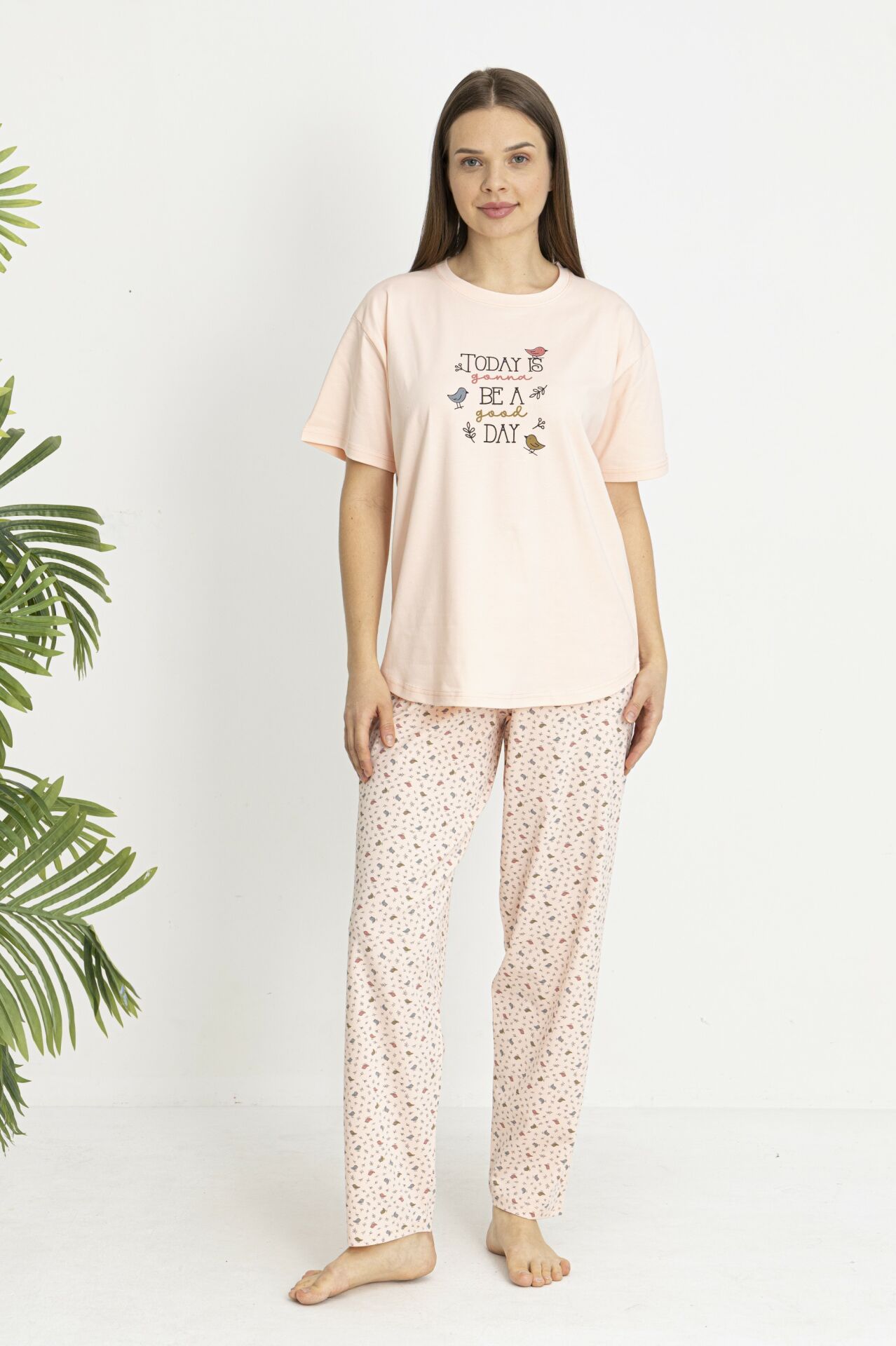 Estiva Kadın Kalp Alt Desenli Somon Penye Lycra Kısa Kollu Pijama Takımı