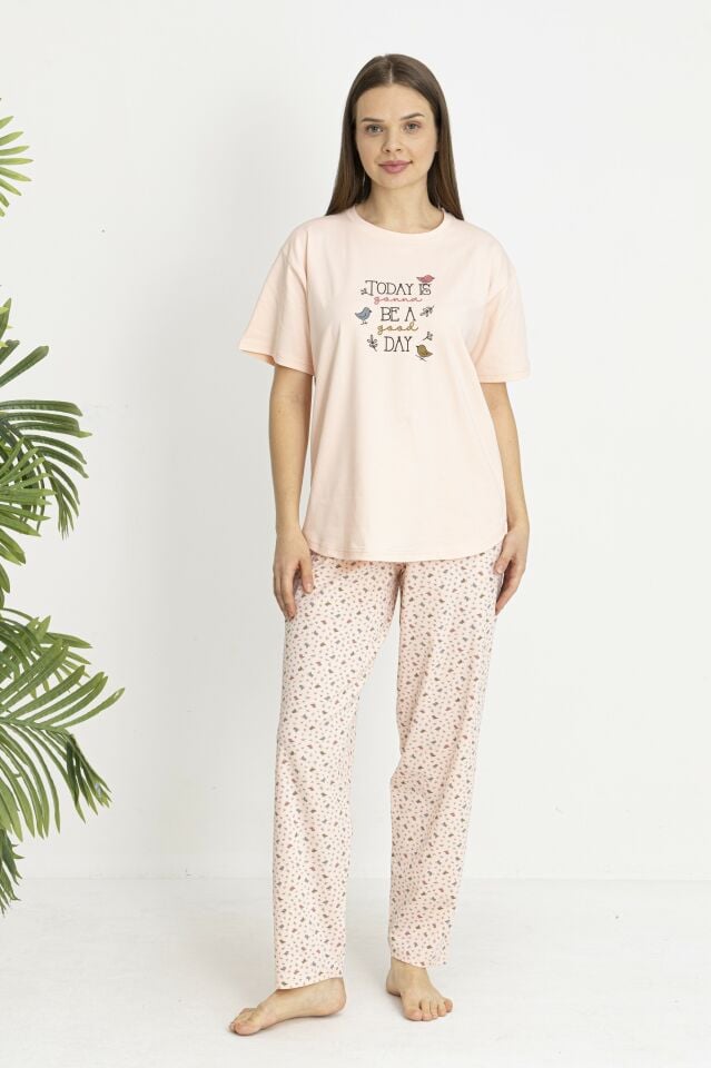 Estiva Kadın Kalp Alt Desenli Somon Penye Lycra Kısa Kollu Pijama Takımı