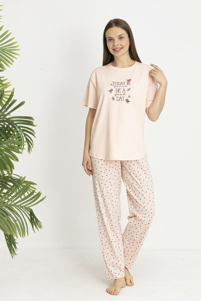 Estiva Kadın Kalp Alt Desenli Somon Penye Lycra Kısa Kollu Pijama Takımı