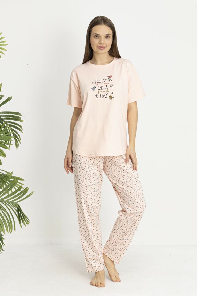 Estiva Kadın Kalp Alt Desenli Somon Penye Lycra Kısa Kollu Pijama Takımı