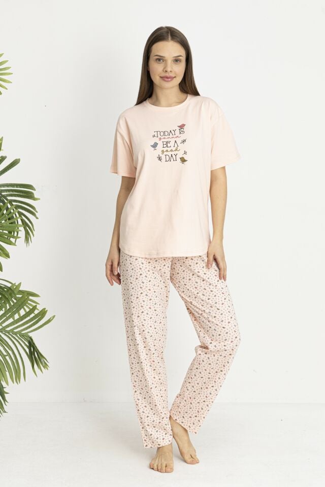 Estiva Kadın Kalp Alt Desenli Somon Penye Lycra Kısa Kollu Pijama Takımı