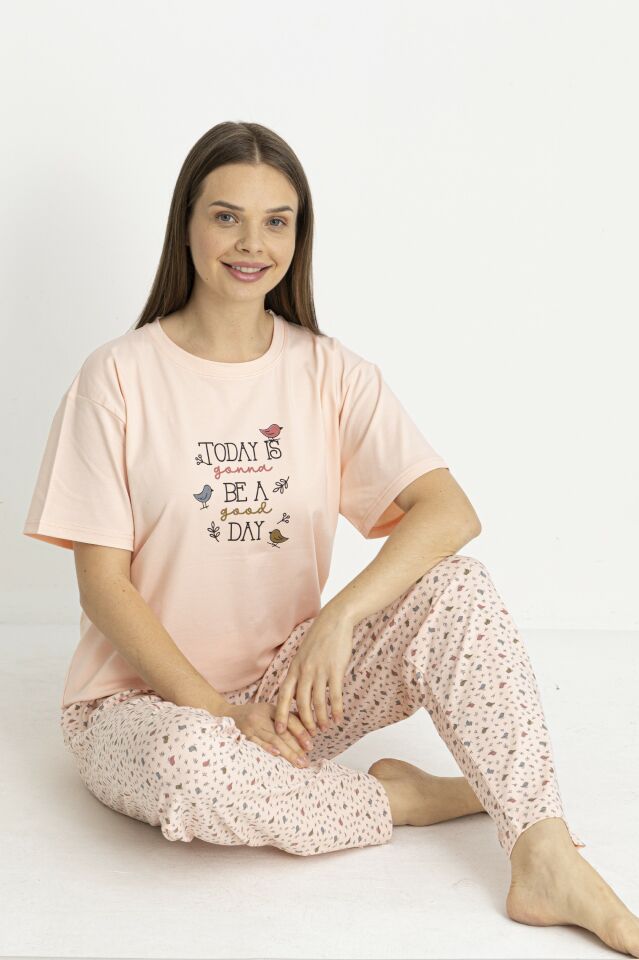 Estiva Kadın Kalp Alt Desenli Somon Penye Lycra Kısa Kollu Pijama Takımı