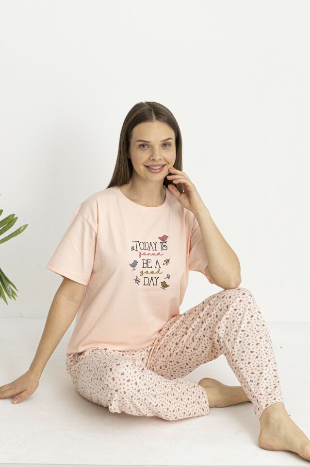 Estiva Kadın Kalp Alt Desenli Somon Penye Lycra Kısa Kollu Pijama Takımı