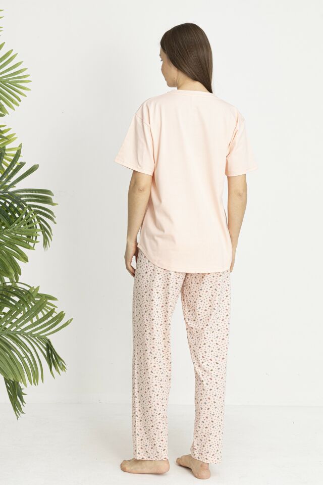 Estiva Kadın Kalp Alt Desenli Somon Penye Lycra Kısa Kollu Pijama Takımı