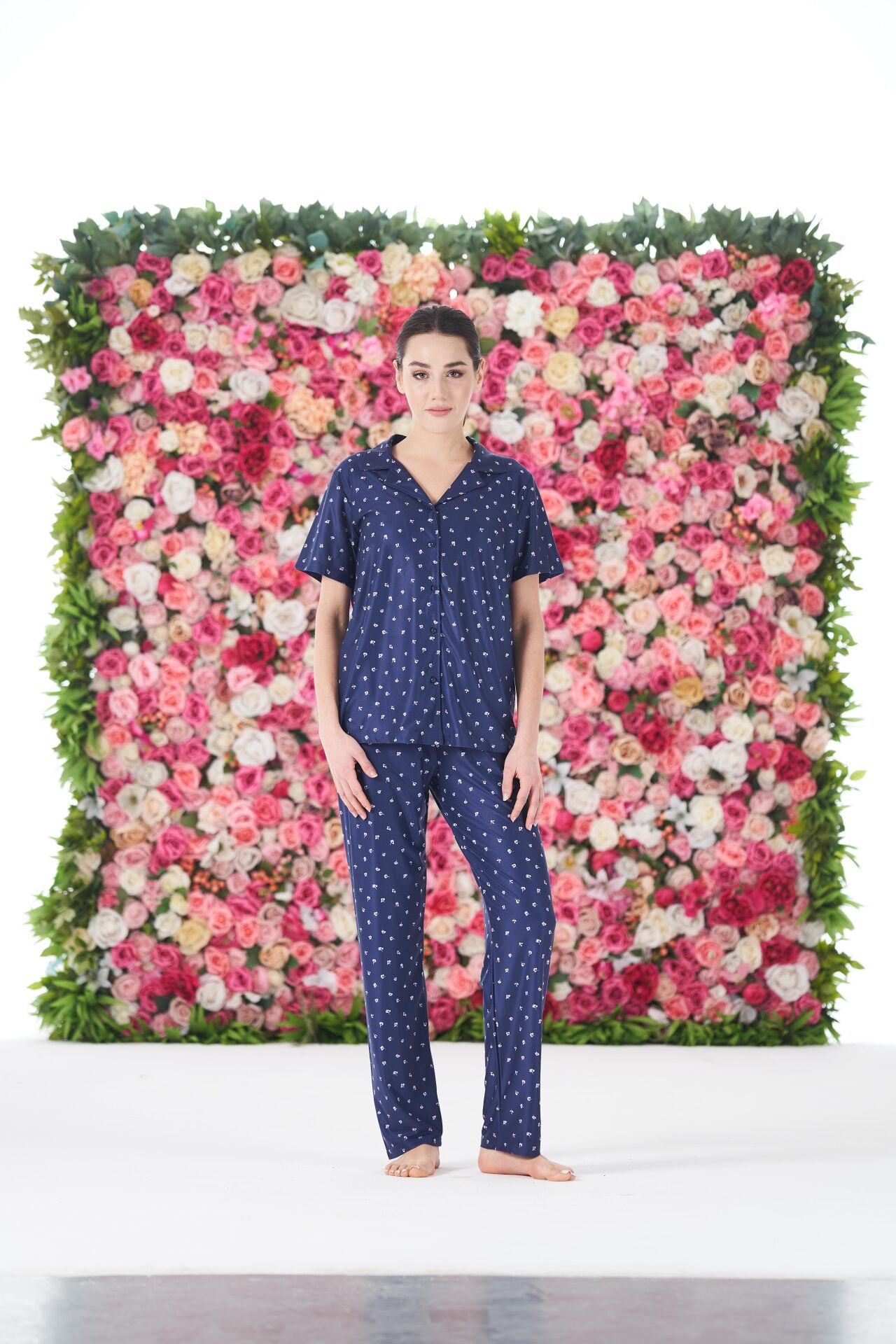 Kadın Yazlık Desenli Önden Düğmeli Kısa Kollu Marla Pijama Takımı - Lacivert
