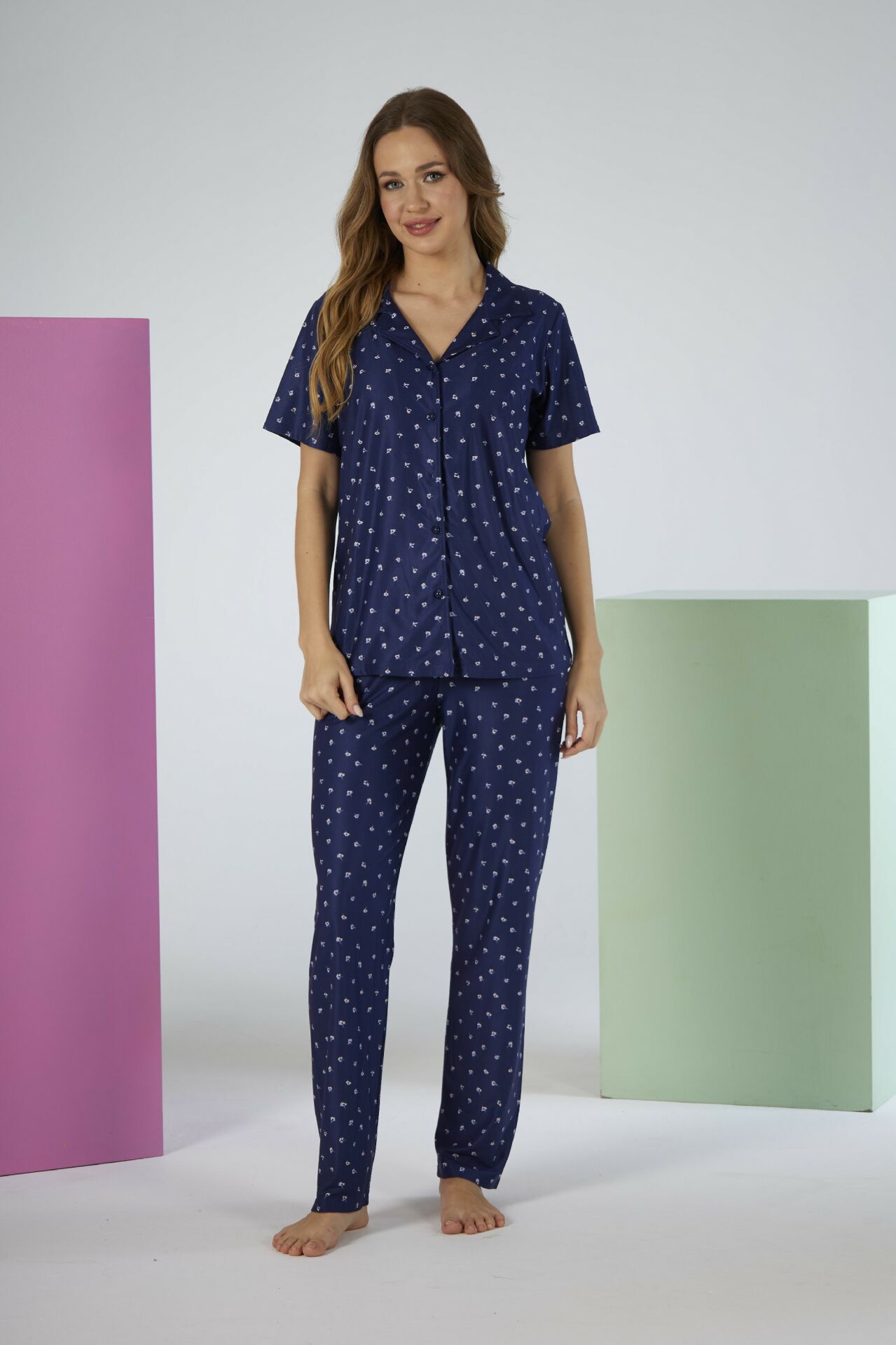 Kadın Yazlık Desenli Önden Düğmeli Kısa Kollu Marla Pijama Takımı - Lacivert