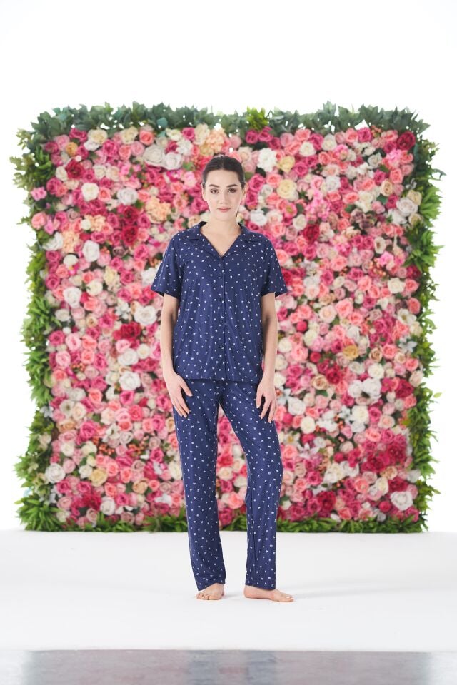 Kadın Yazlık Desenli Önden Düğmeli Kısa Kollu Marla Pijama Takımı - Lacivert