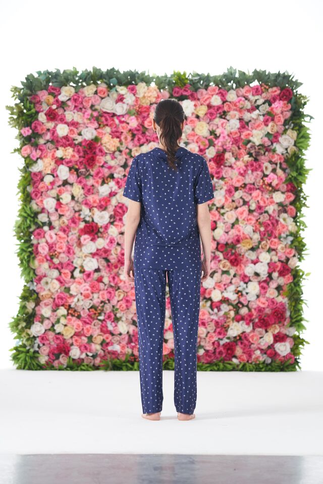 Kadın Yazlık Desenli Önden Düğmeli Kısa Kollu Marla Pijama Takımı - Lacivert