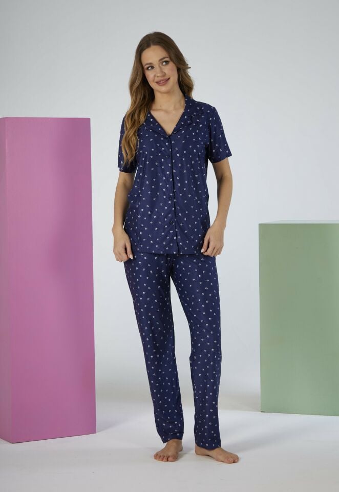 Kadın Yazlık Desenli Önden Düğmeli Kısa Kollu Marla Pijama Takımı - Lacivert