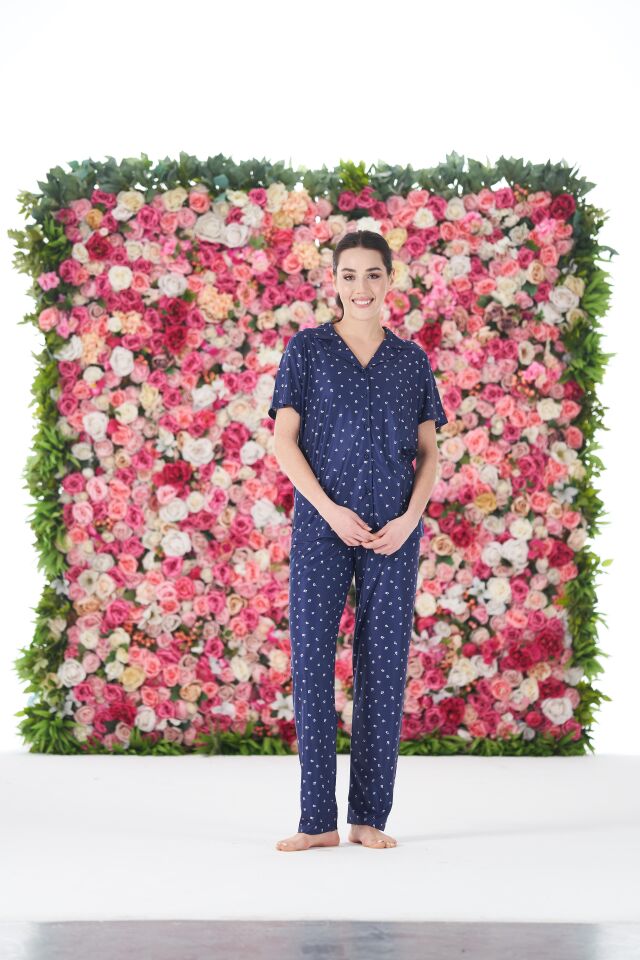 Kadın Yazlık Desenli Önden Düğmeli Kısa Kollu Marla Pijama Takımı - Lacivert