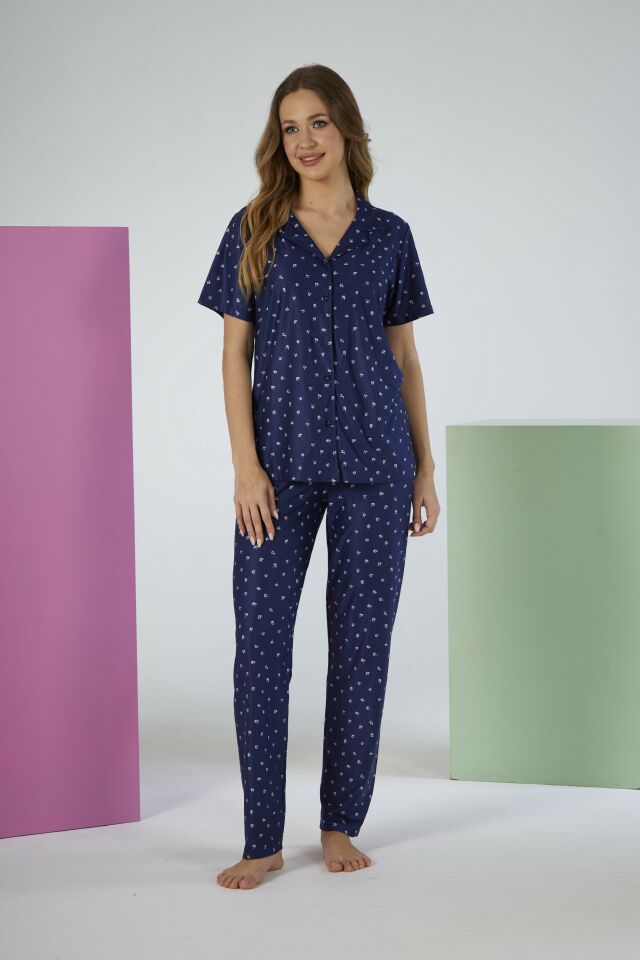 Kadın Yazlık Desenli Önden Düğmeli Kısa Kollu Marla Pijama Takımı - Lacivert