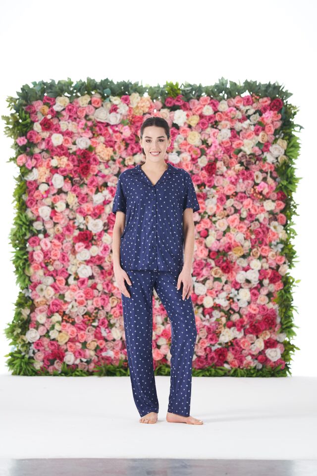 Kadın Yazlık Desenli Önden Düğmeli Kısa Kollu Marla Pijama Takımı - Lacivert