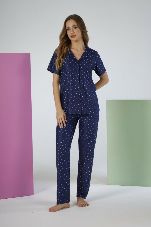 Kadın Yazlık Desenli Önden Düğmeli Kısa Kollu Marla Pijama Takımı - Lacivert