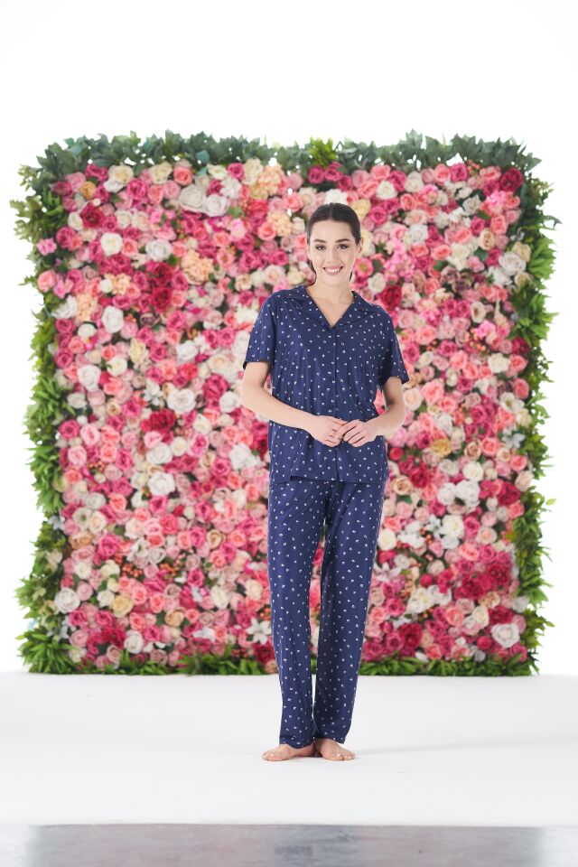 Kadın Yazlık Desenli Önden Düğmeli Kısa Kollu Marla Pijama Takımı - Lacivert