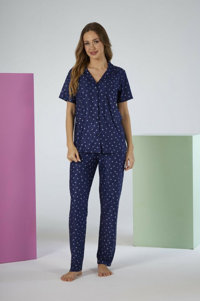 Kadın Yazlık Desenli Önden Düğmeli Kısa Kollu Marla Pijama Takımı - Lacivert