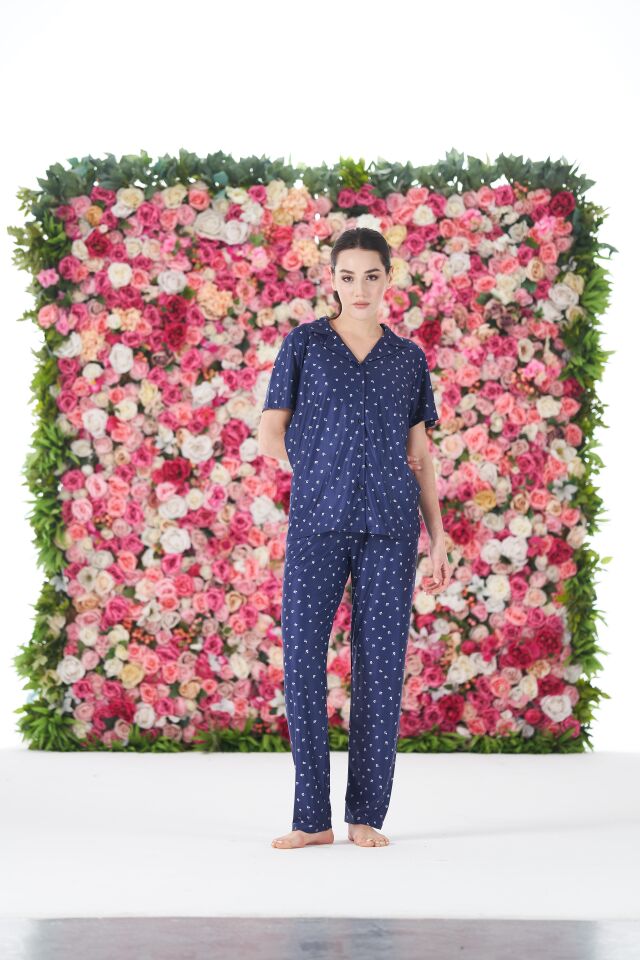 Kadın Yazlık Desenli Önden Düğmeli Kısa Kollu Marla Pijama Takımı - Lacivert