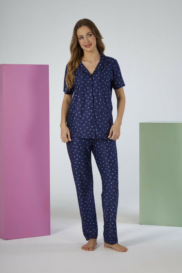 Kadın Yazlık Desenli Önden Düğmeli Kısa Kollu Marla Pijama Takımı - Lacivert