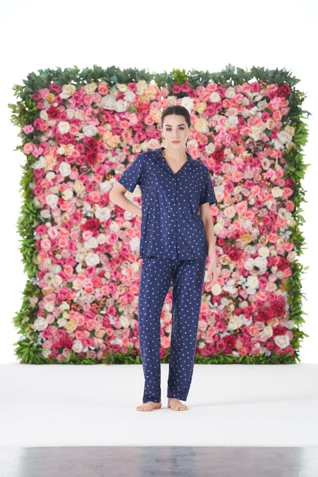 Kadın Yazlık Desenli Önden Düğmeli Kısa Kollu Marla Pijama Takımı - Lacivert