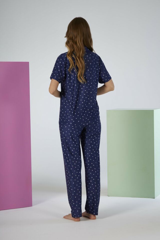 Kadın Yazlık Desenli Önden Düğmeli Kısa Kollu Marla Pijama Takımı - Lacivert