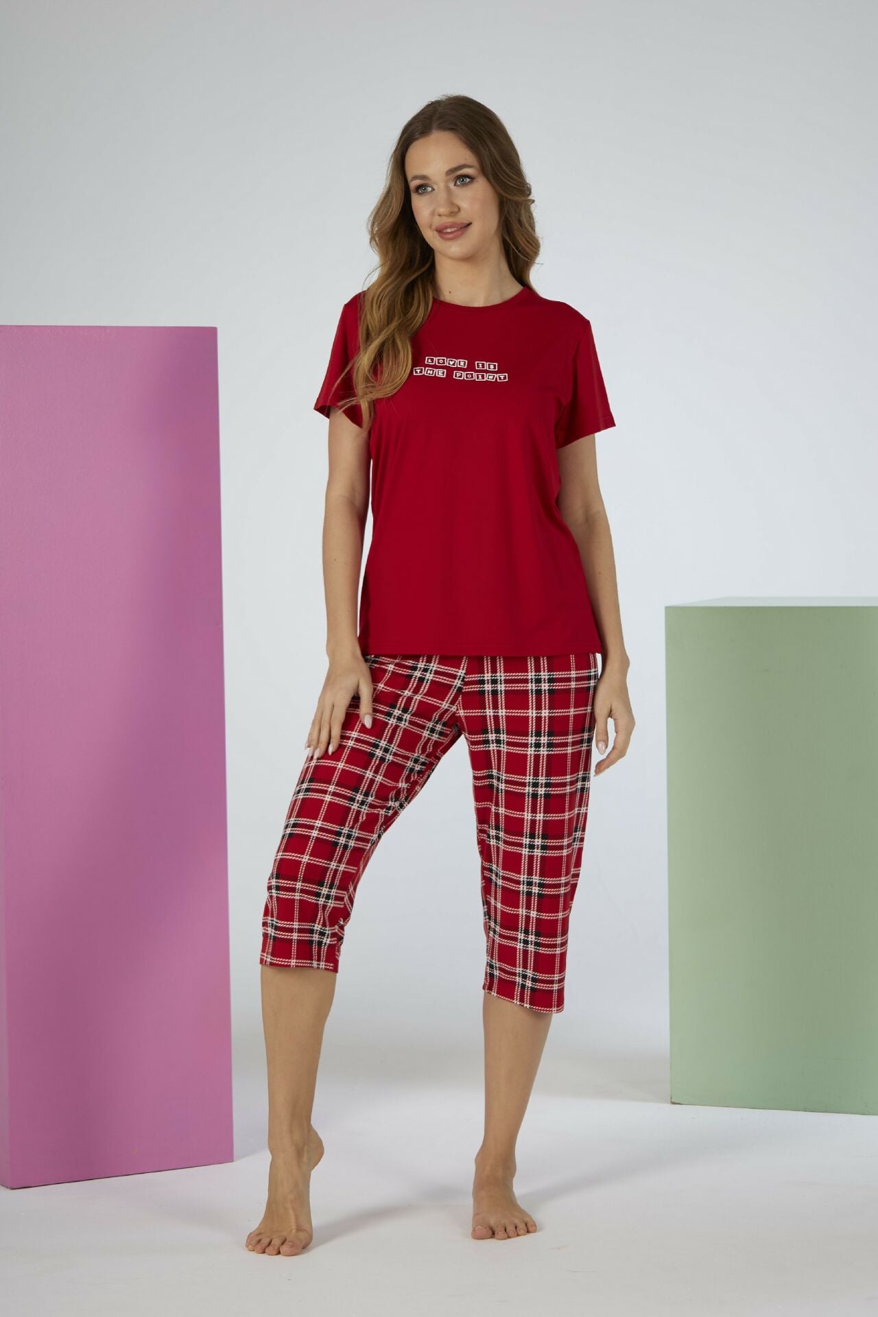 Estiva Kadın Kareli Alt Desenli Kırmızı Kısa Kollu Kaprili Soft Pijama Takımı