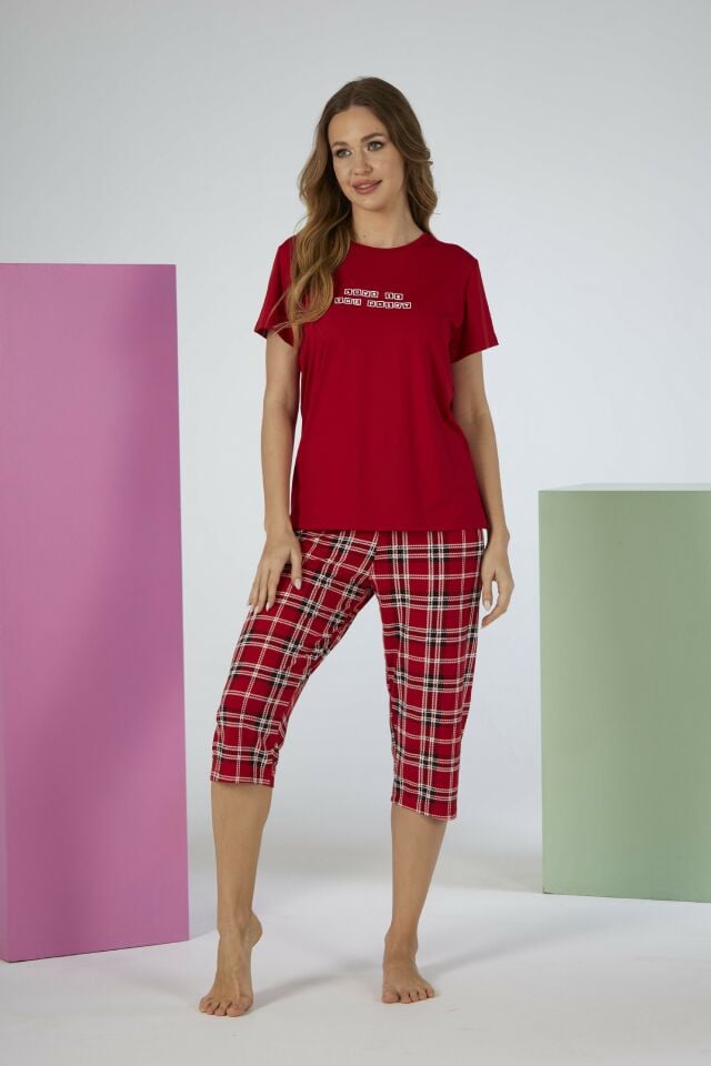 Estiva Kadın Kareli Alt Desenli Kırmızı Kısa Kollu Kaprili Soft Pijama Takımı