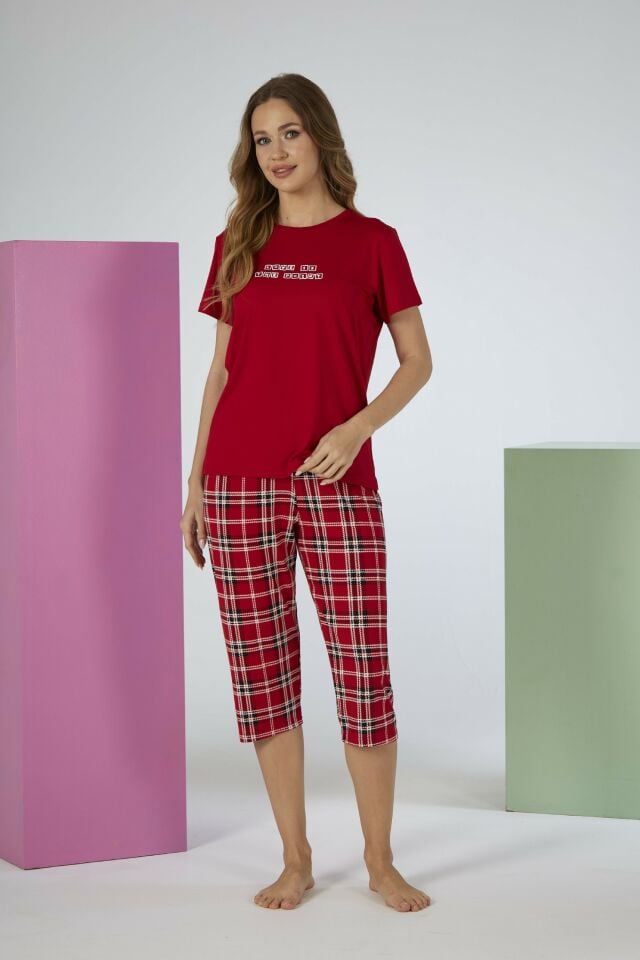 Estiva Kadın Kareli Alt Desenli Kırmızı Kısa Kollu Kaprili Soft Pijama Takımı