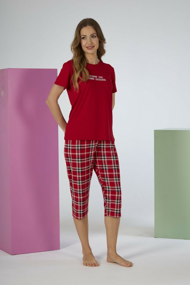 Estiva Kadın Kareli Alt Desenli Kırmızı Kısa Kollu Kaprili Soft Pijama Takımı