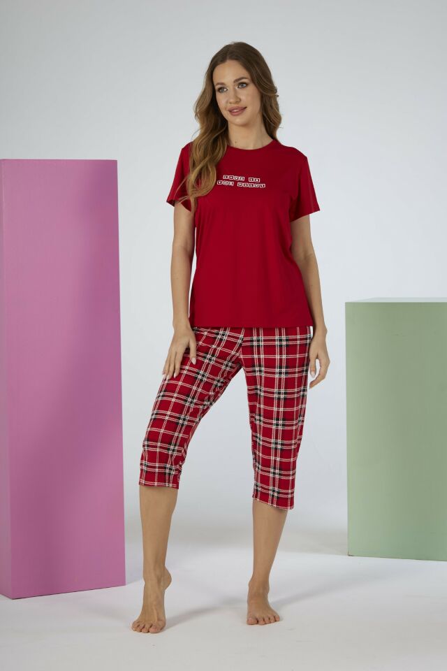 Estiva Kadın Kareli Alt Desenli Kırmızı Kısa Kollu Kaprili Soft Pijama Takımı