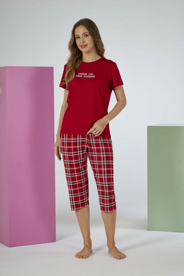Estiva Kadın Kareli Alt Desenli Kırmızı Kısa Kollu Kaprili Soft Pijama Takımı