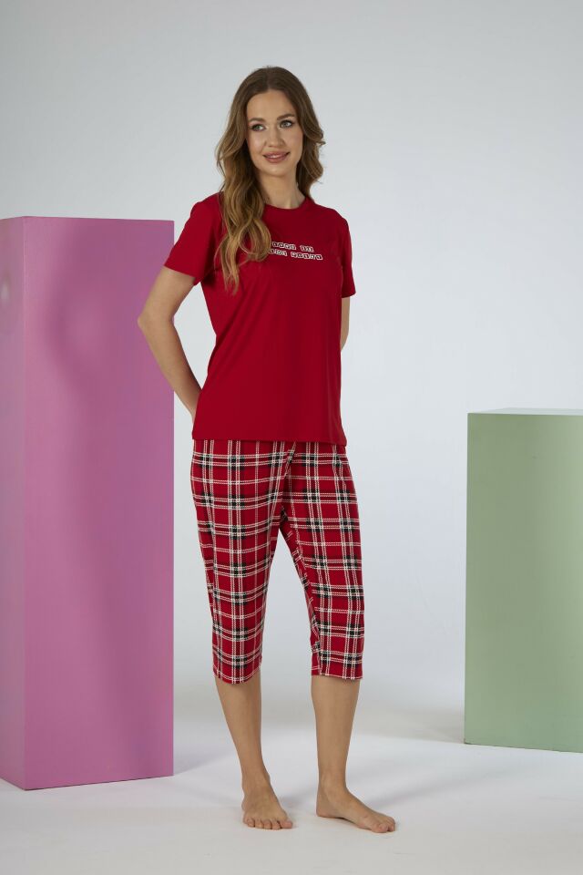 Estiva Kadın Kareli Alt Desenli Kırmızı Kısa Kollu Kaprili Soft Pijama Takımı