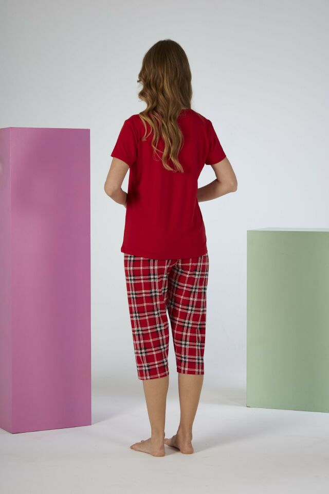 Estiva Kadın Kareli Alt Desenli Kırmızı Kısa Kollu Kaprili Soft Pijama Takımı