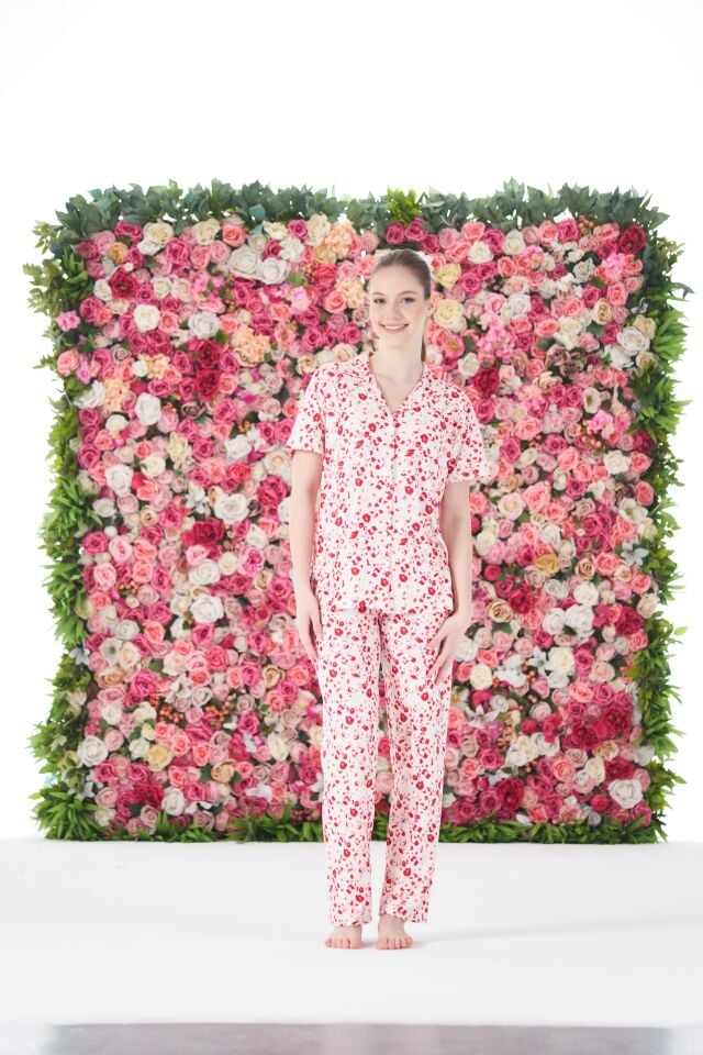 Kadın Yazlık Desenli Önden Düğmeli Kısa Kollu Marla Pijama Takımı - Kırmızı