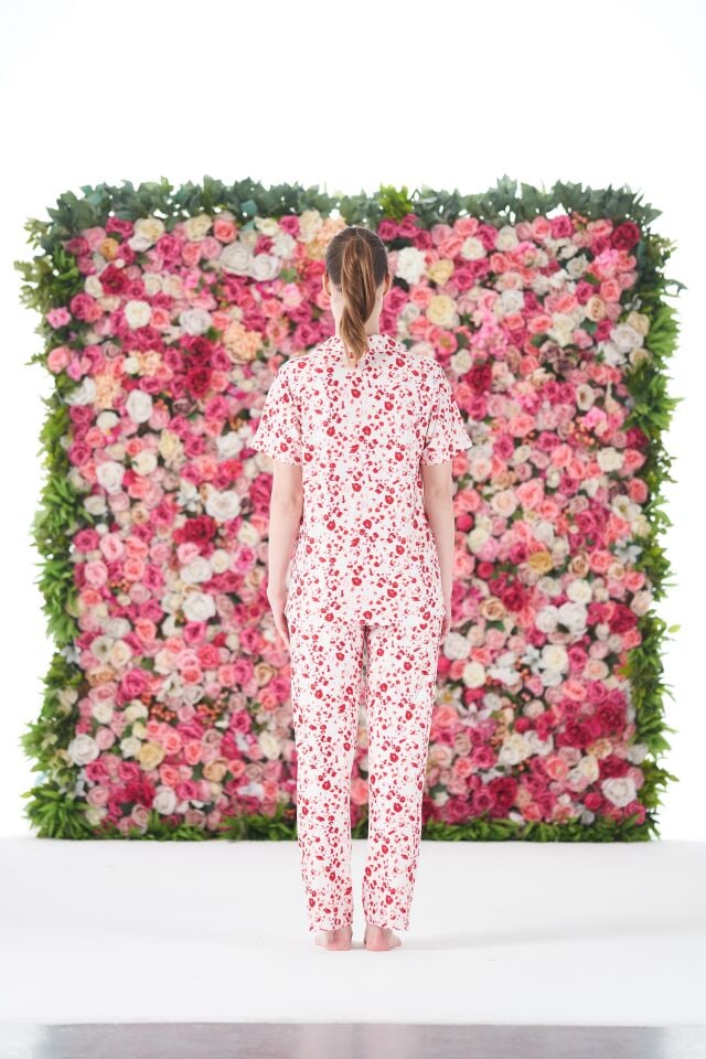 Kadın Yazlık Desenli Önden Düğmeli Kısa Kollu Marla Pijama Takımı - Kırmızı