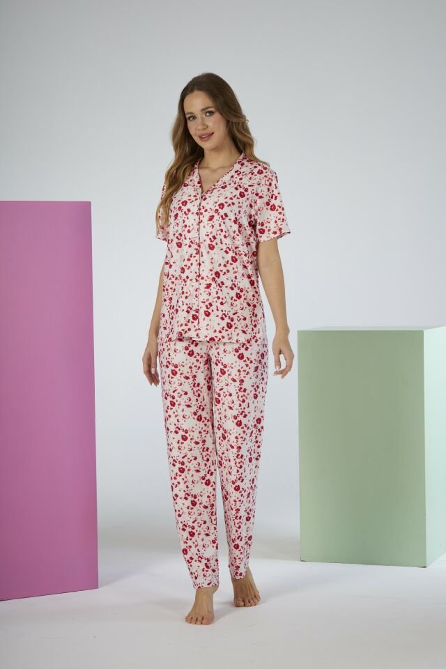 Kadın Yazlık Desenli Önden Düğmeli Kısa Kollu Marla Pijama Takımı - Kırmızı