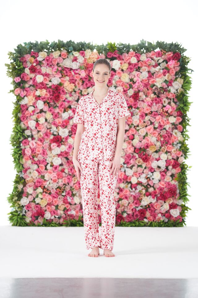 Kadın Yazlık Desenli Önden Düğmeli Kısa Kollu Marla Pijama Takımı - Kırmızı