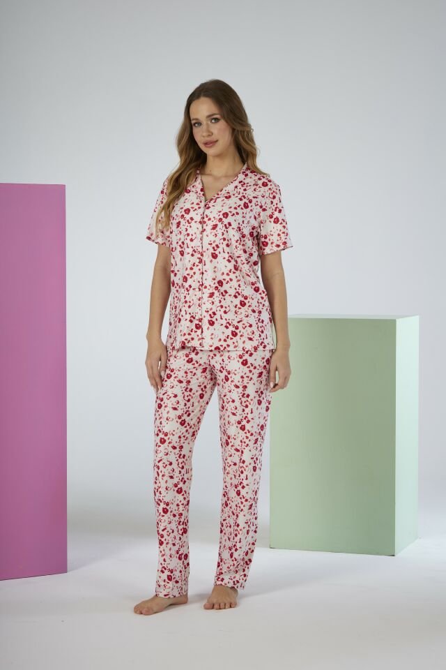 Kadın Yazlık Desenli Önden Düğmeli Kısa Kollu Marla Pijama Takımı - Kırmızı