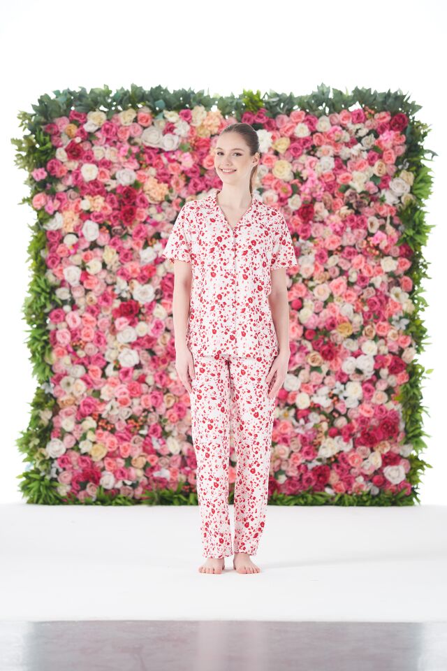 Kadın Yazlık Desenli Önden Düğmeli Kısa Kollu Marla Pijama Takımı - Kırmızı