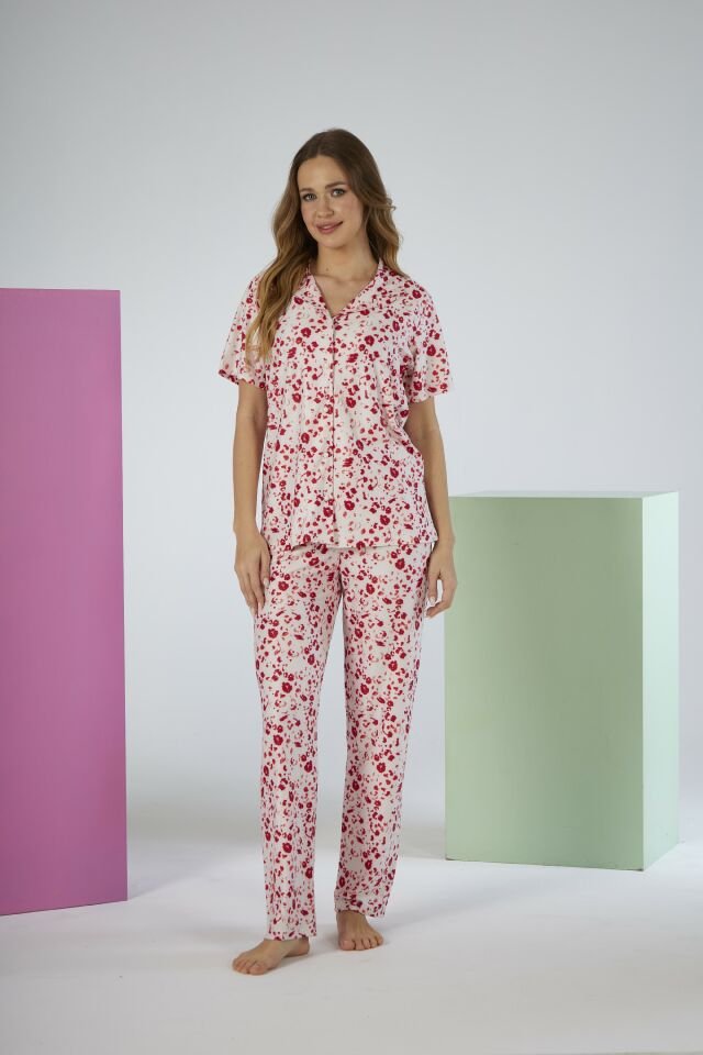Kadın Yazlık Desenli Önden Düğmeli Kısa Kollu Marla Pijama Takımı - Kırmızı