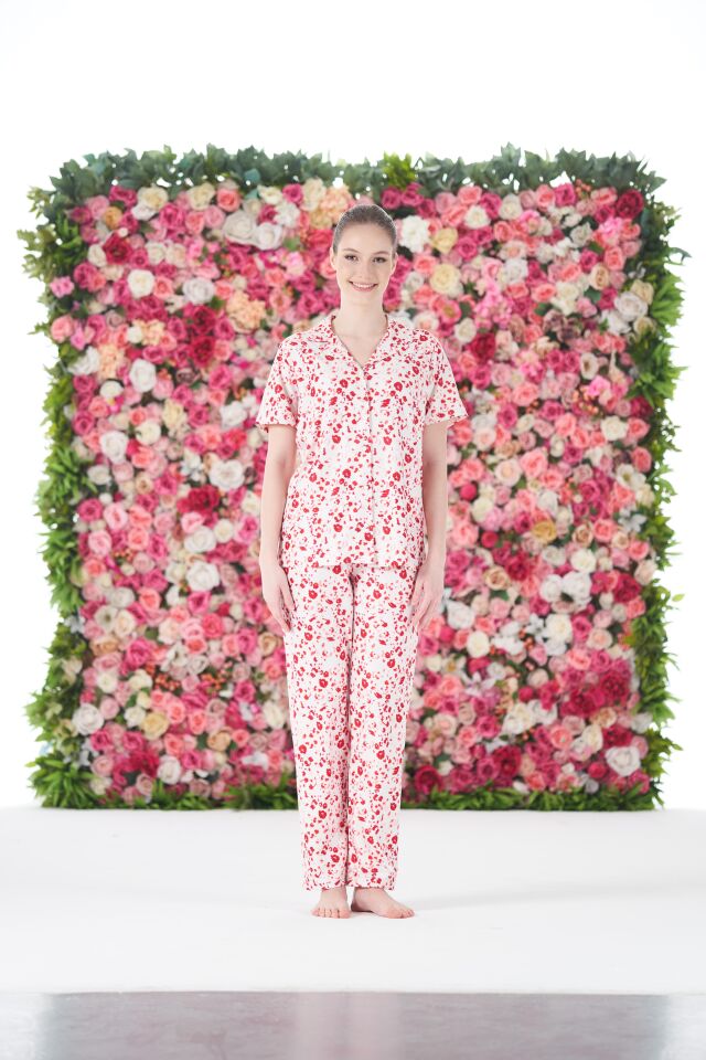 Kadın Yazlık Desenli Önden Düğmeli Kısa Kollu Marla Pijama Takımı - Kırmızı