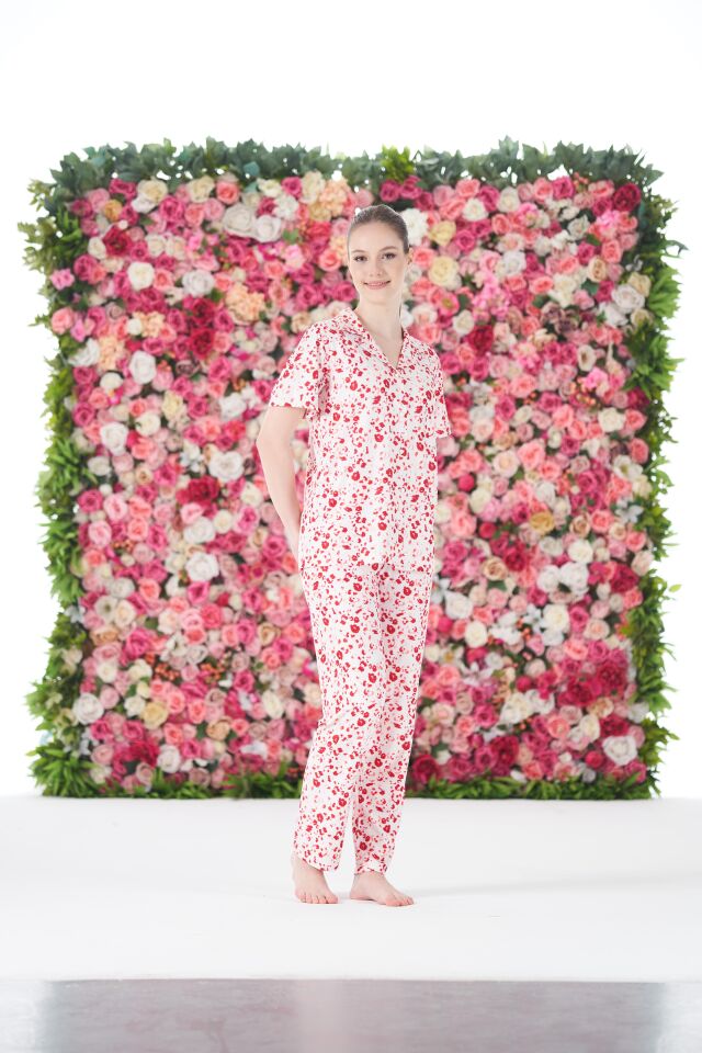 Kadın Yazlık Desenli Önden Düğmeli Kısa Kollu Marla Pijama Takımı - Kırmızı